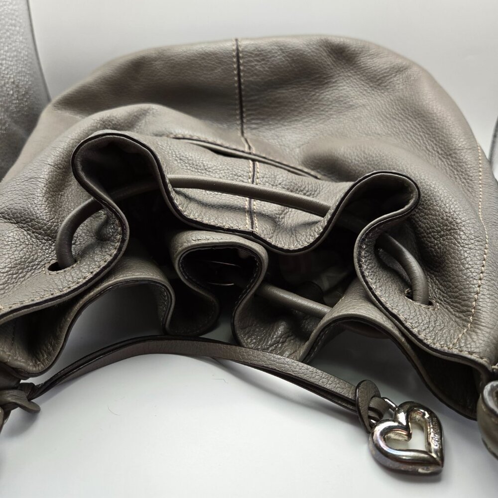 Brighton Gray Pebbled Leather Drawstring Bucket Purse with Shoulder Strap - Picture 13 of 16